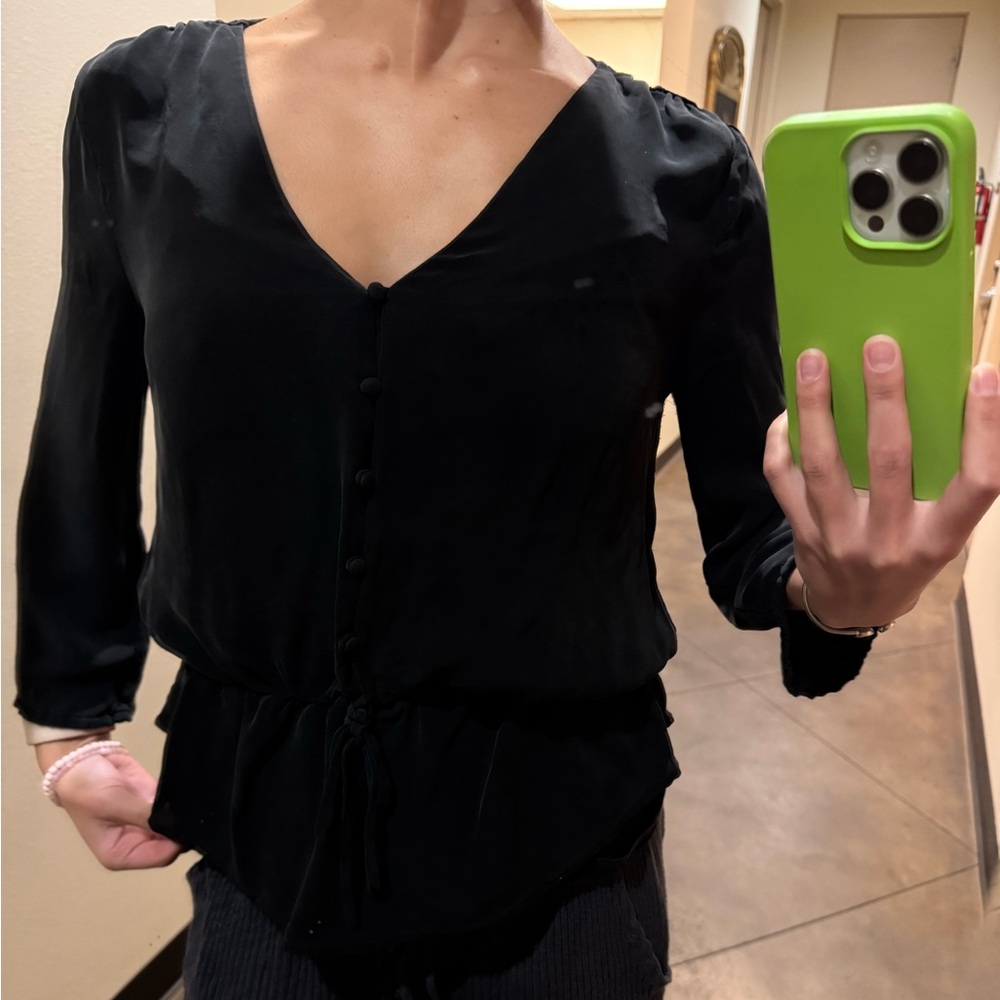 Black Button-Up Blouse size small with tie adjustable waist, size small